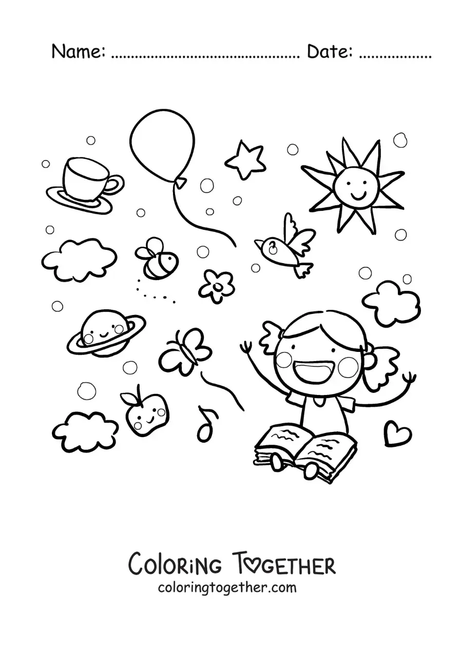 Coloring page of a girl reading surrounded by the animated characters from the story