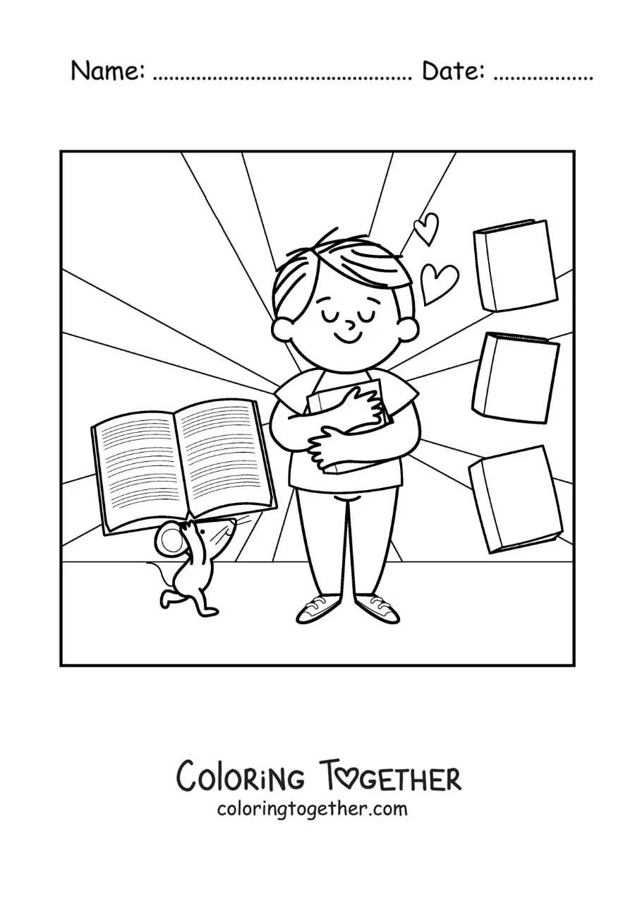 Coloring page of a boy hugging a book next to a cartoon mouse bringing him more books