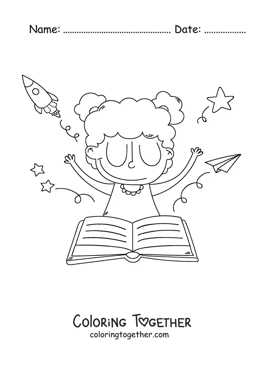 Coloring page of a girl in front of an open book letting her imagination soar