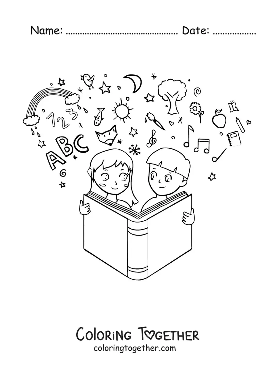 Coloring page of two children reading a book to learn