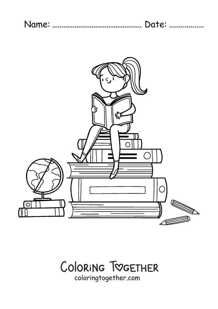 Coloring page of a girl sitting on a pile of books reading