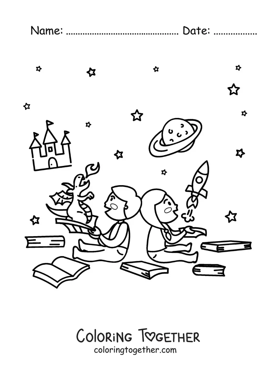 Coloring page of two children sitting with open books that come to life