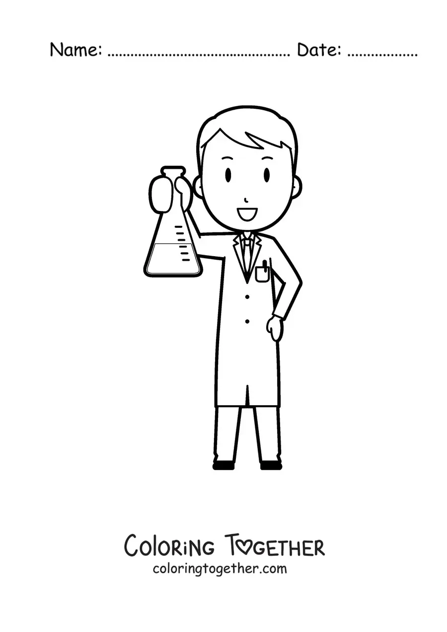 Coloring page of a cartoon scientist holding a volumetric flask