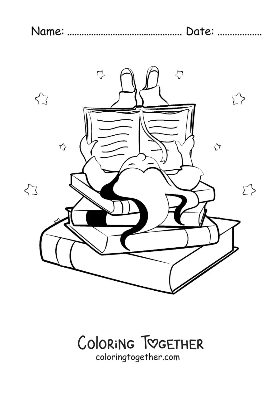 Coloring page of a girl lying on a pile of books reading