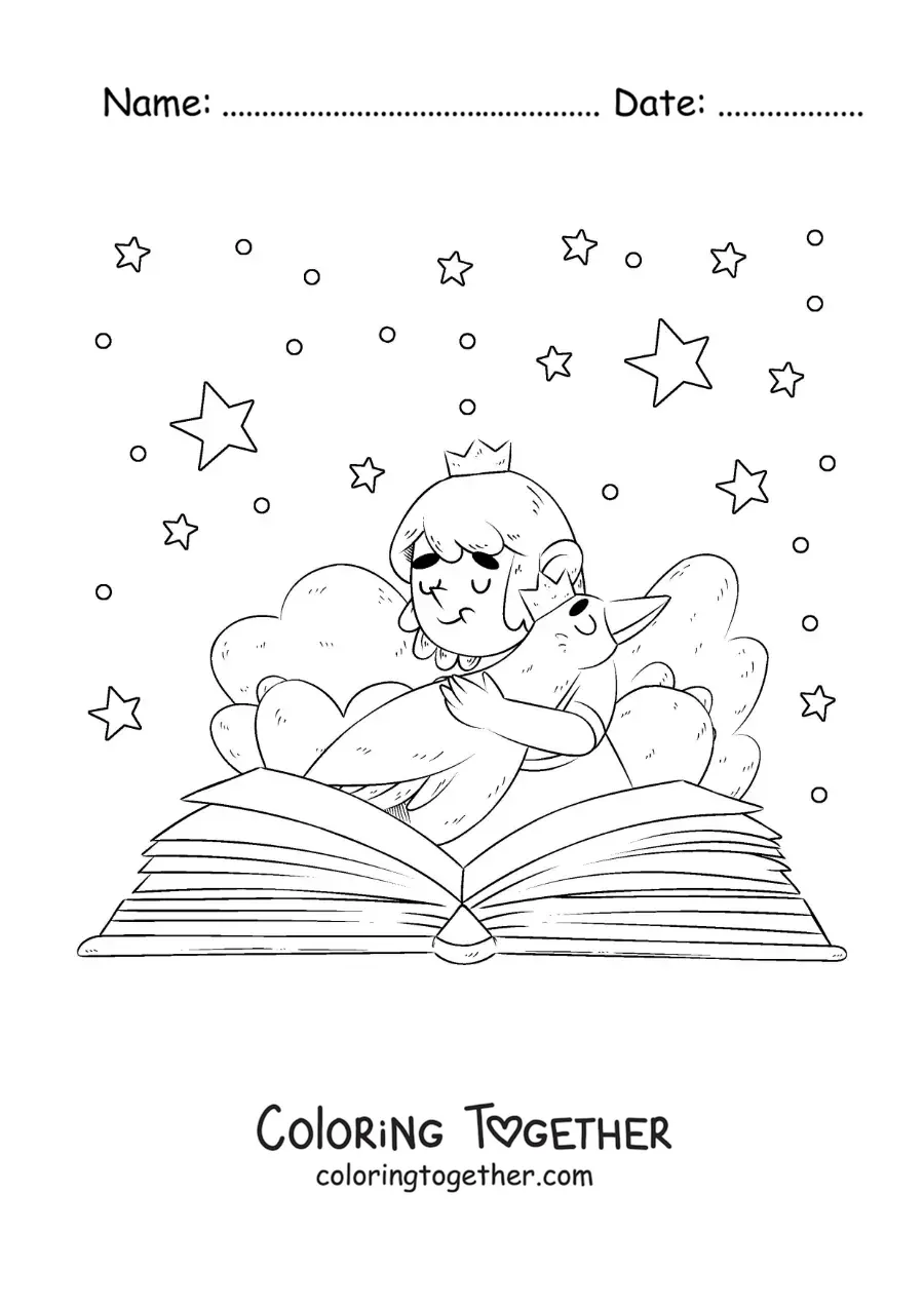 Coloring page of a princess hugging a goose coming out of an open book