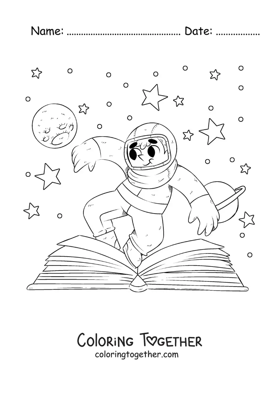 Coloring page of an astronaut in space coming out of an open book