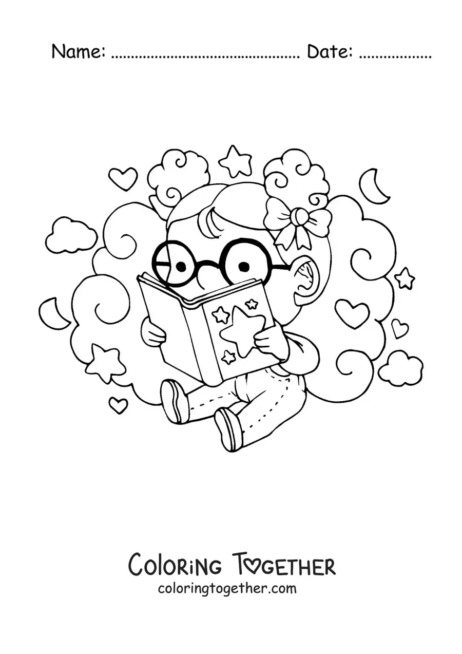Coloring page of a girl with glasses sitting and reading