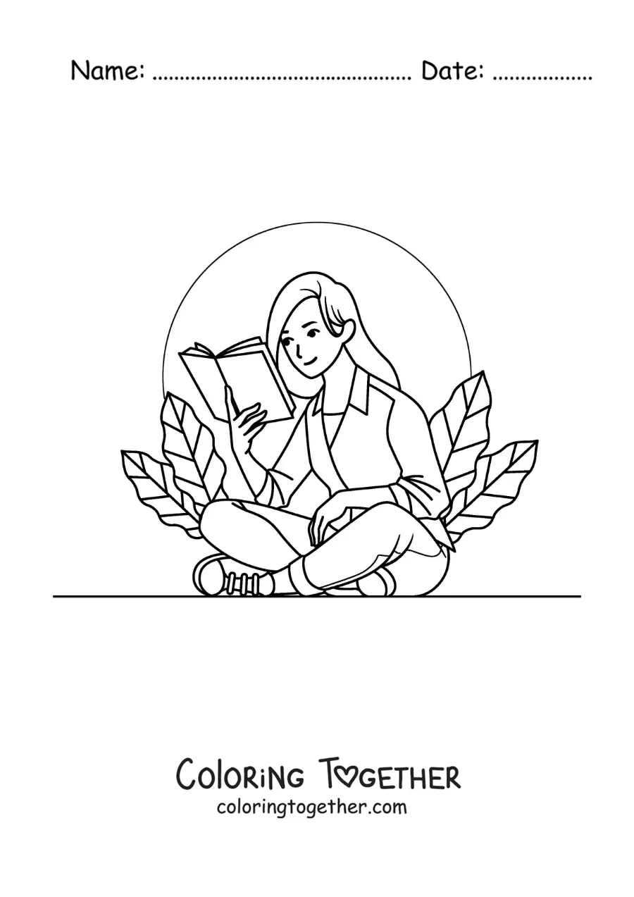 Coloring page of a girl sitting and reading surrounded by plants