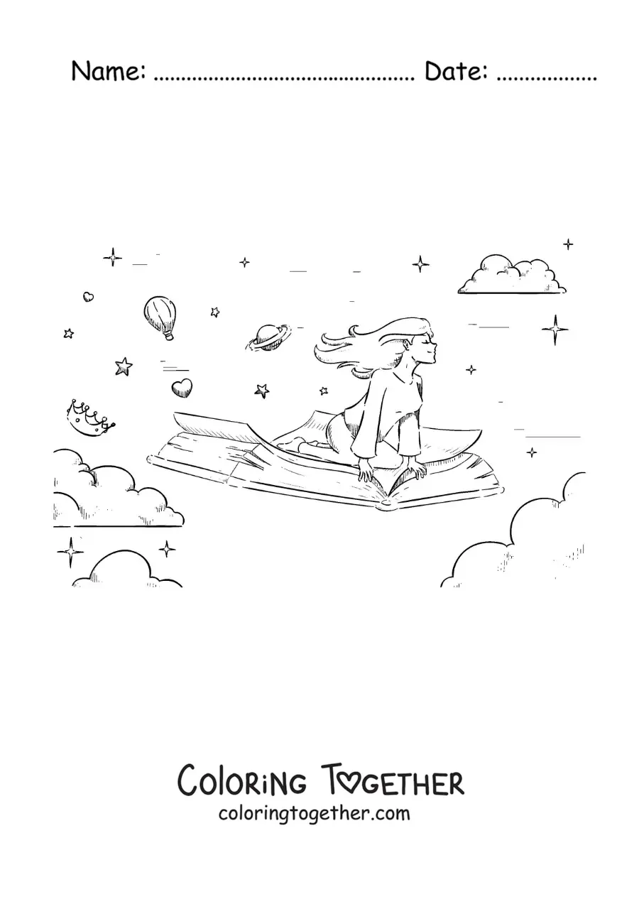 Coloring page of a girl flying while sitting on an open book