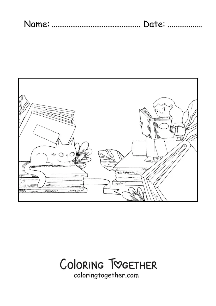 Coloring page of a girl sitting on books reading next to her cartoon cat