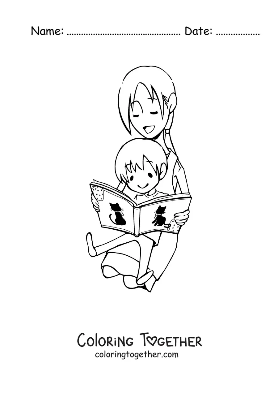 Coloring page of a mother reading with her child sitting on her lap