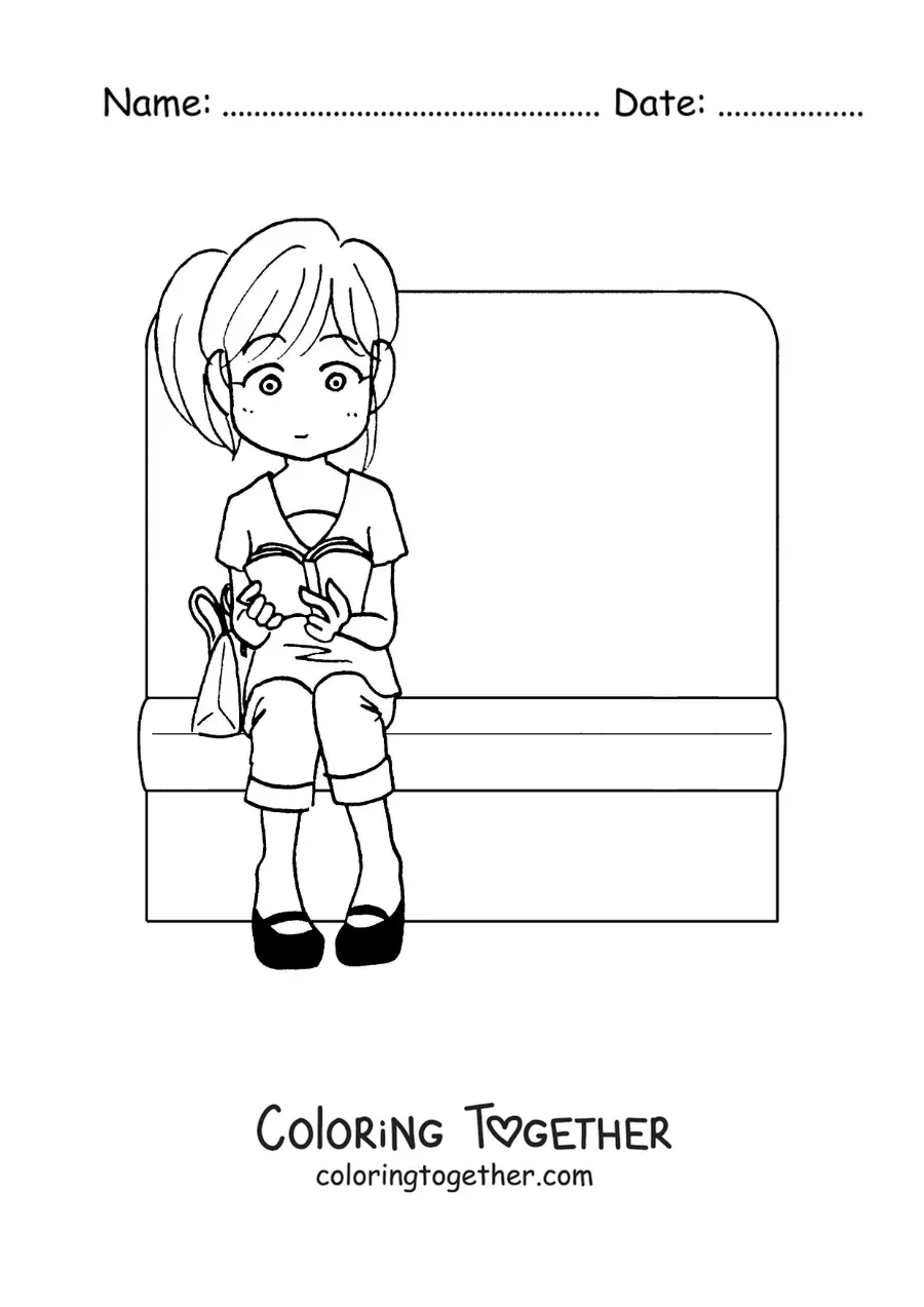 Coloring page of a girl sitting and reading on the train