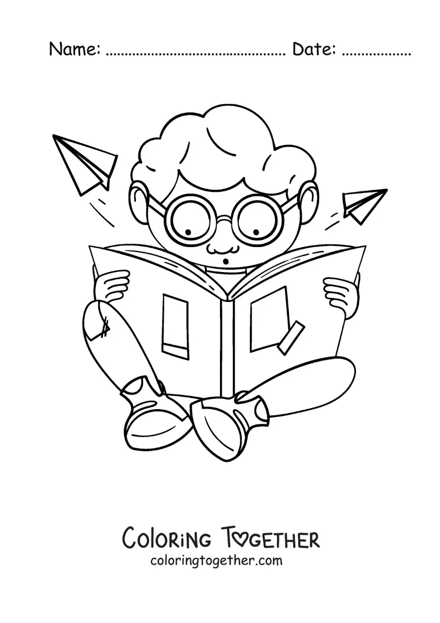 Coloring page of a boy with glasses sitting and reading in amazement
