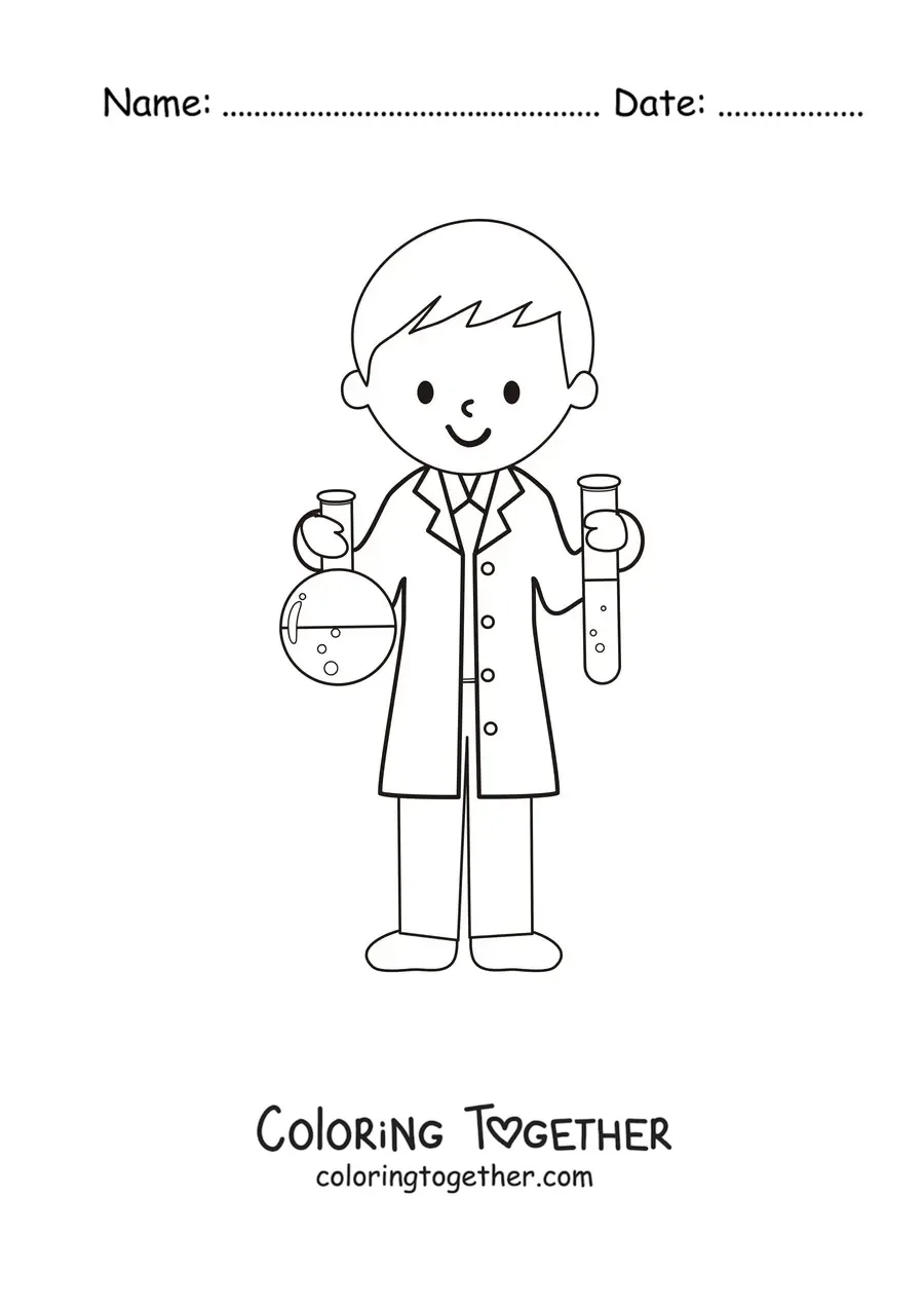 Coloring page of a cartoon scientist with a test tube and a flask