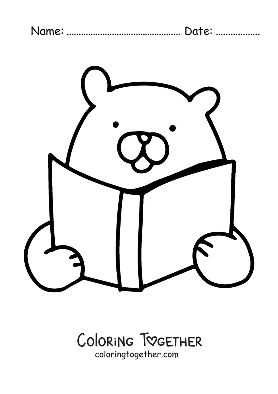 Coloring page of a cute kawaii bear reading