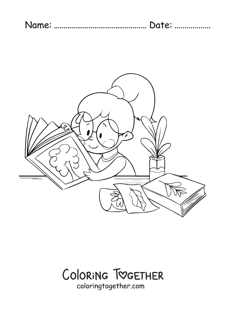 Coloring page of a girl reading about botany at a desk