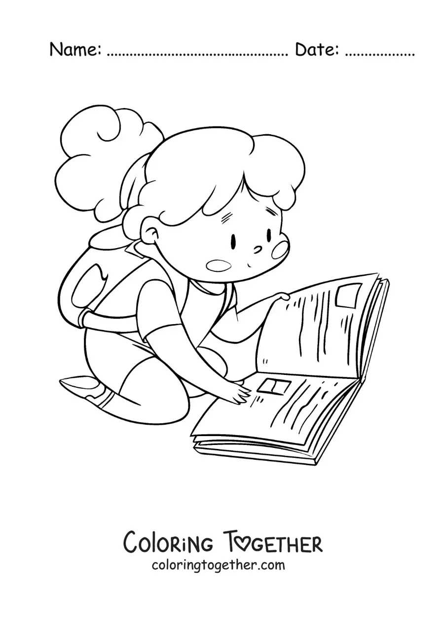 Coloring page of a girl with a backpack reading while sitting on the floor