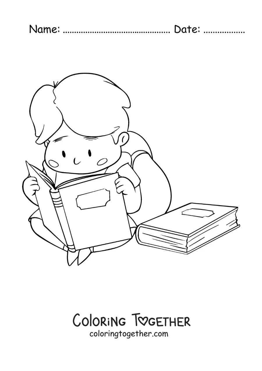Coloring page of a boy with a backpack reading while sitting on the floor
