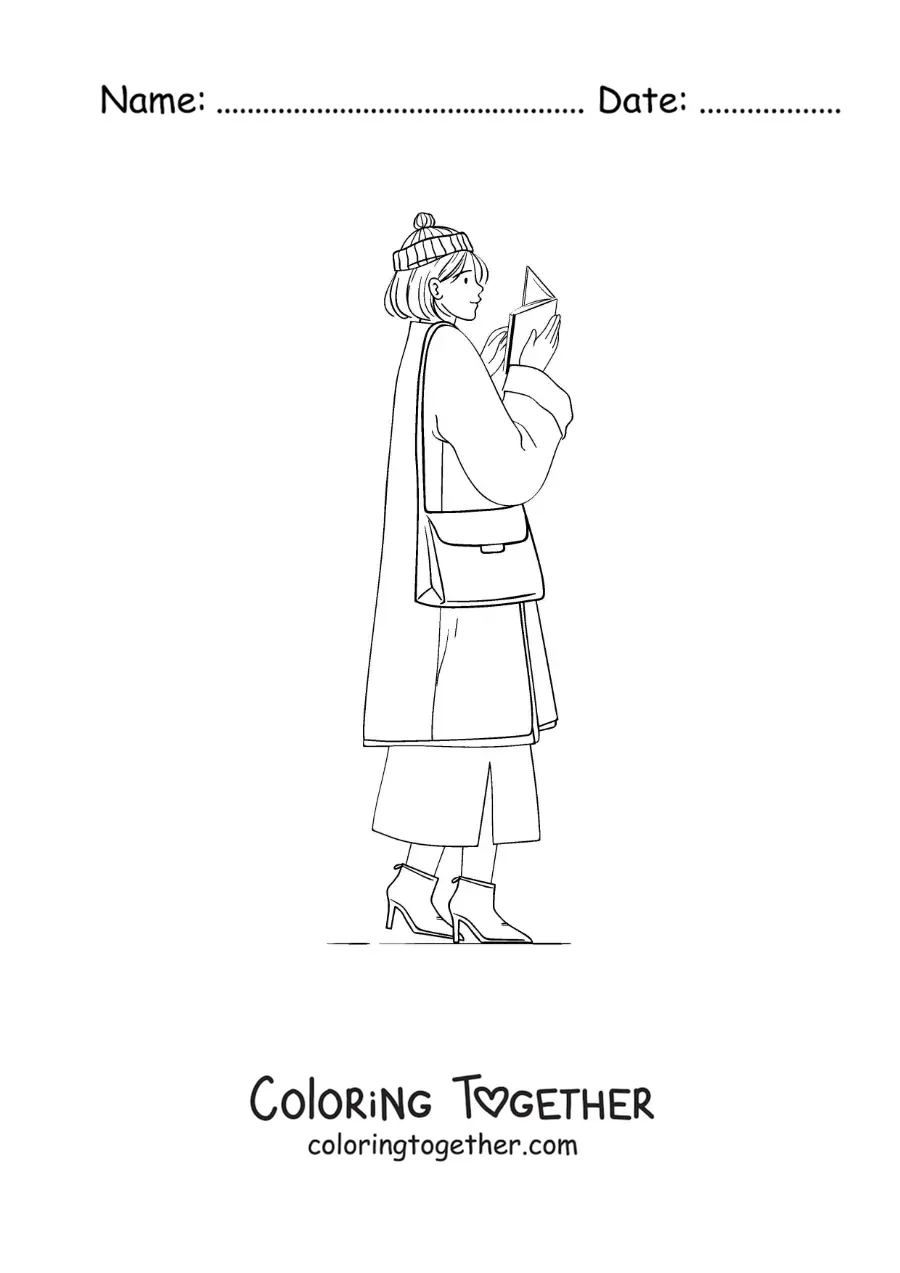 Coloring page of a woman in a coat reading while walking