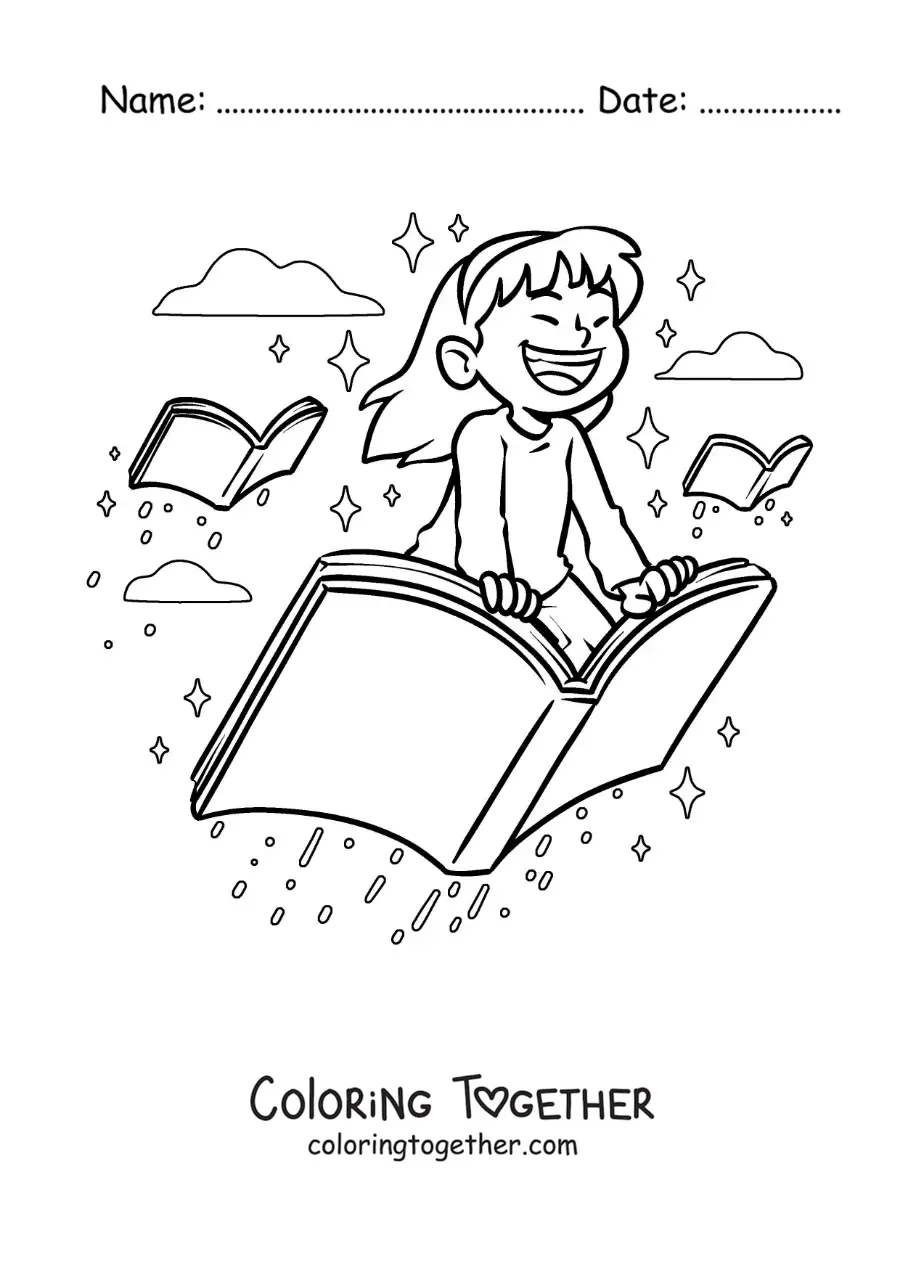 Coloring page of a happy girl flying on an open book