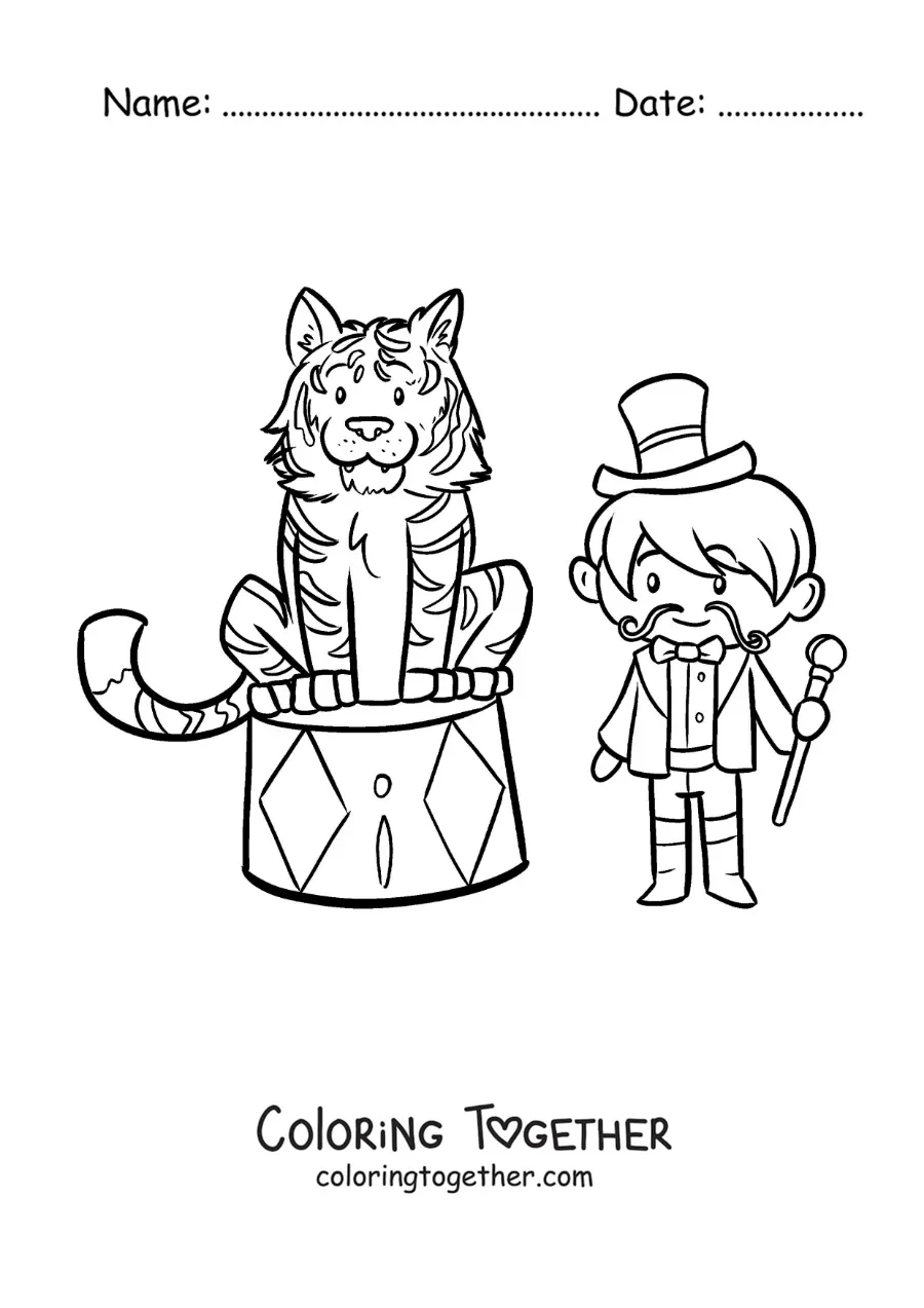 Coloring page of a circus tamer next to a cartoon tiger