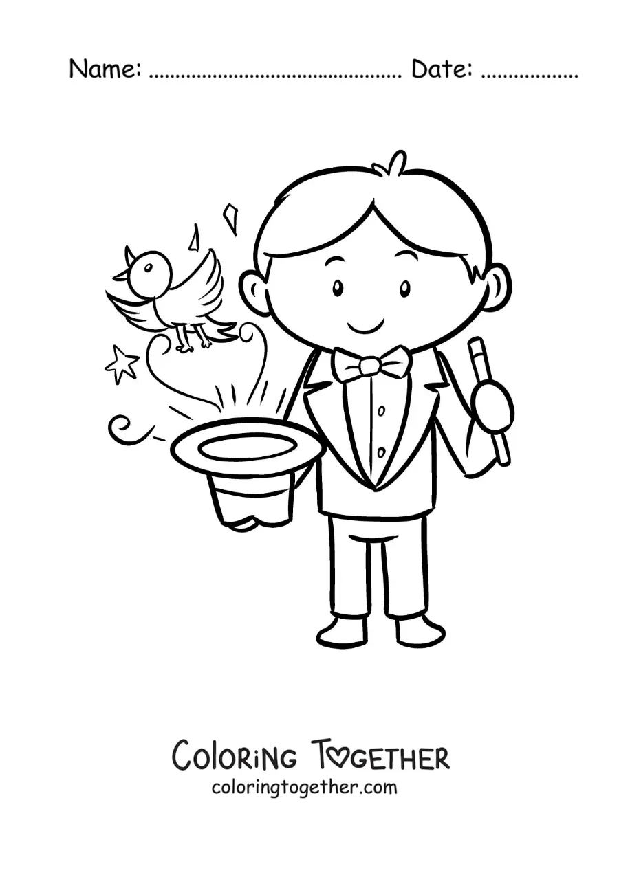Coloring page of a circus magician performing a trick