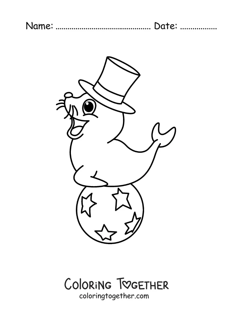 Coloring page of a cartoon circus seal on a ball