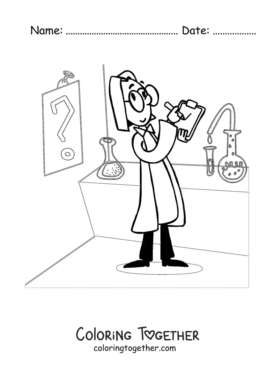 Coloring page of a mad scientist in a laboratory