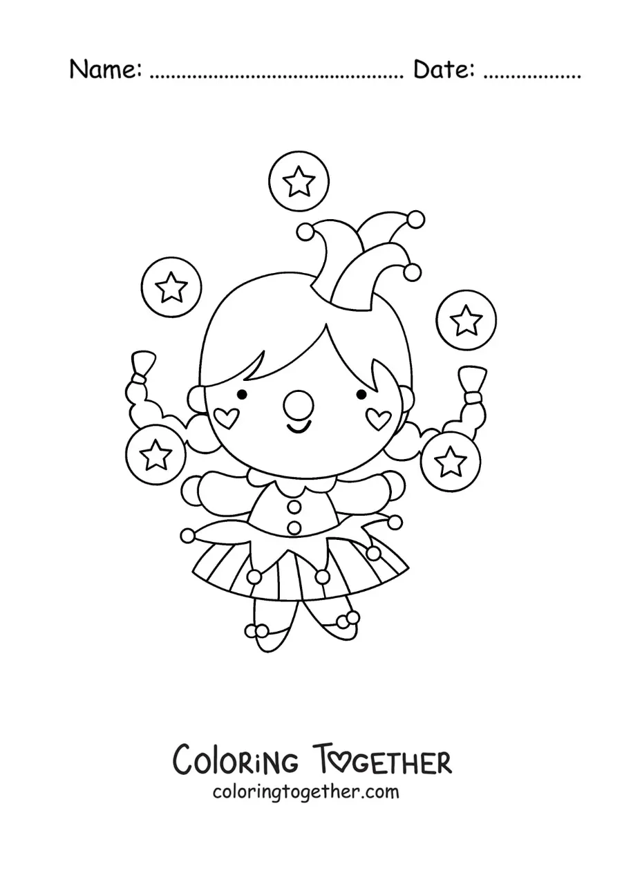Coloring page of a clown woman juggling