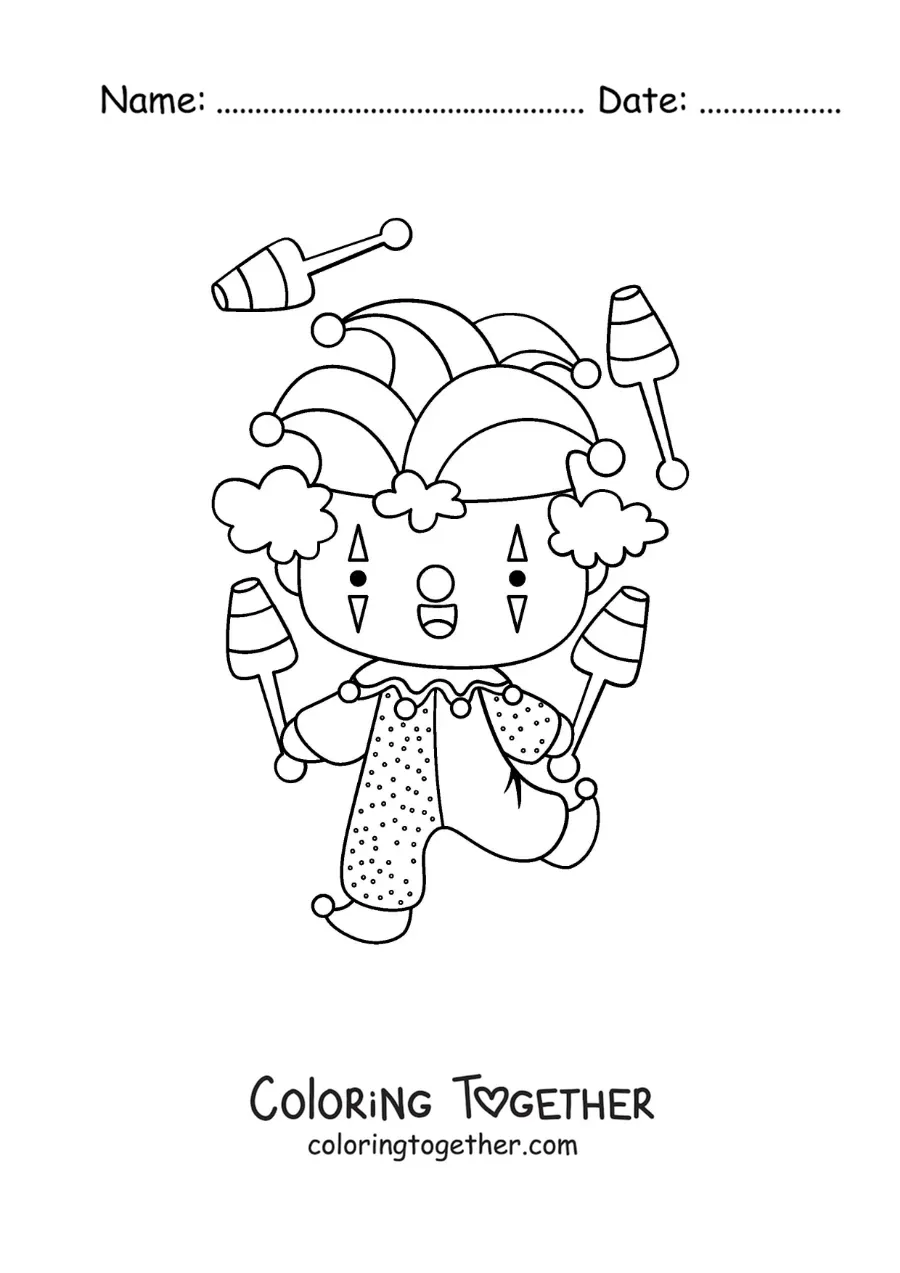 Coloring page of a cartoon clown juggling