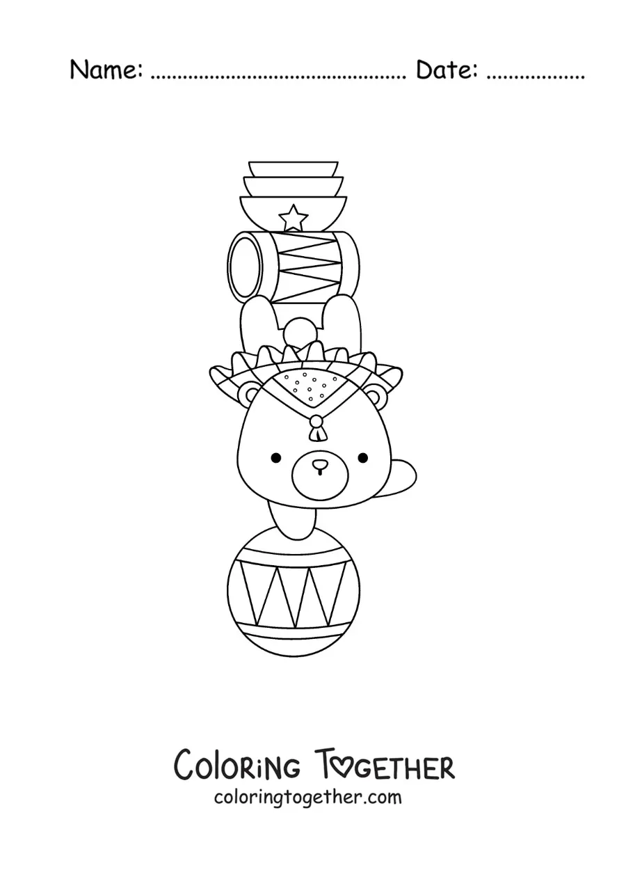 Coloring page of a cartoon circus bear doing tricks