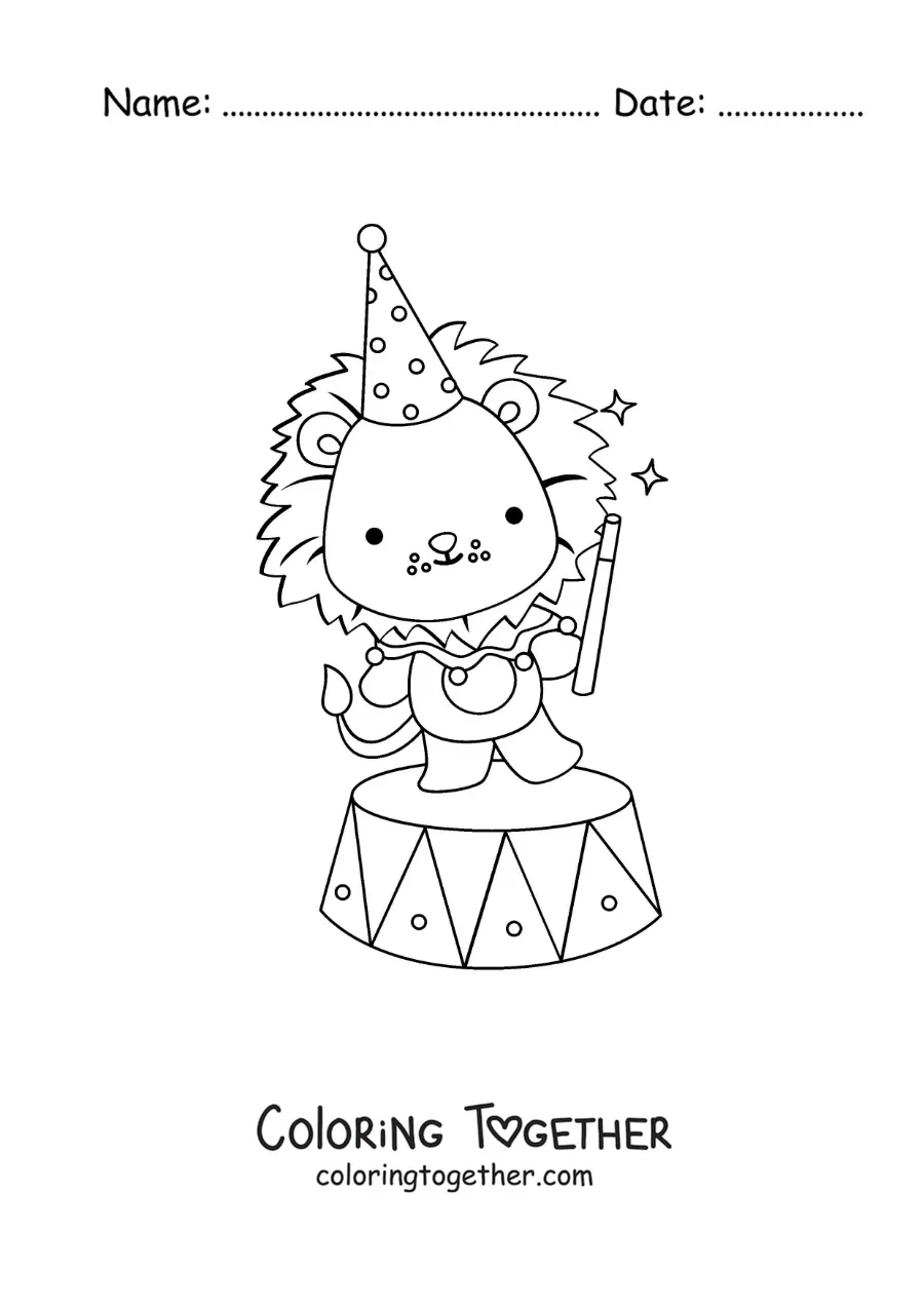 Coloring page of a cartoon circus lion doing magic