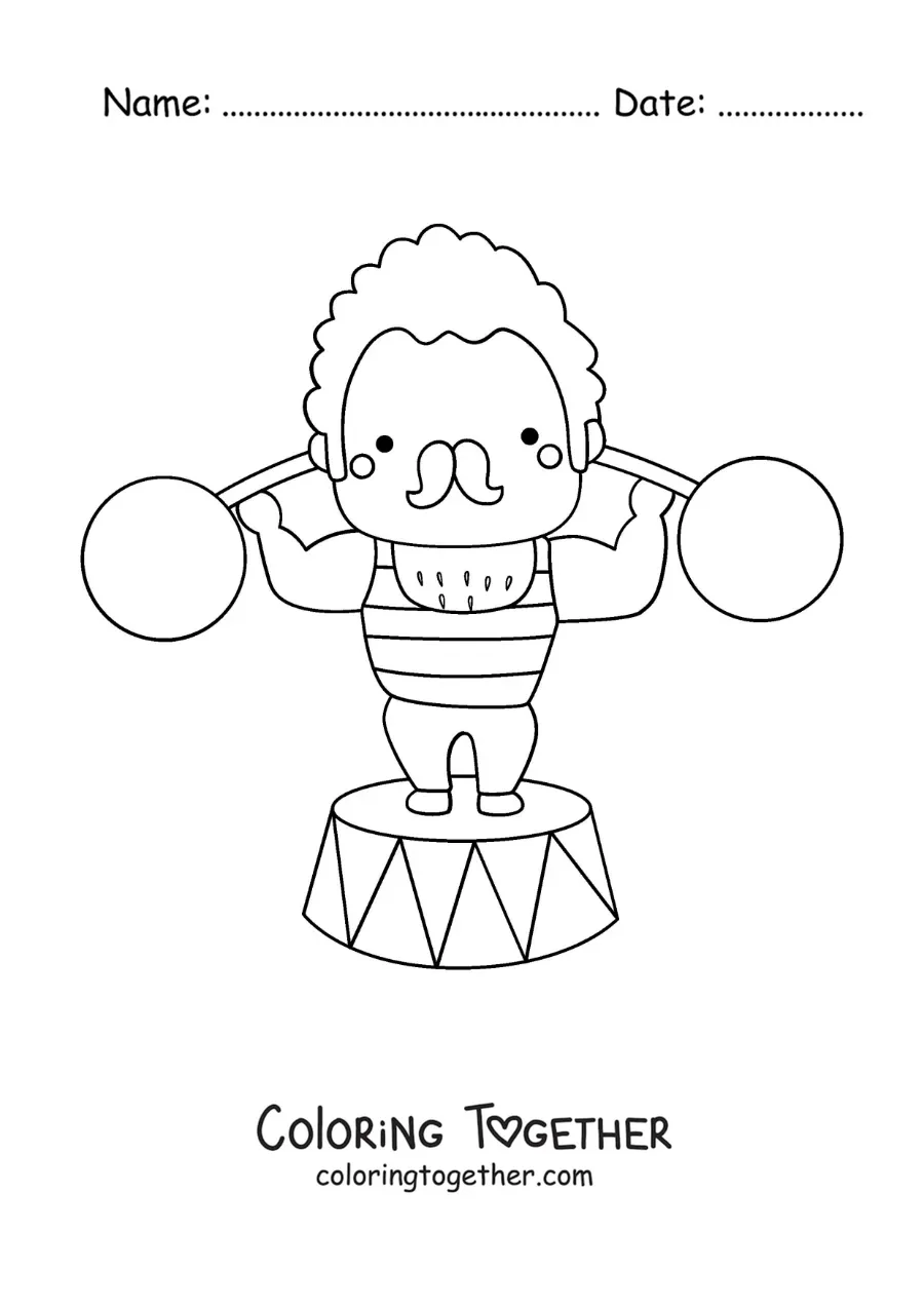 Coloring page of a circus strongman lifting weights