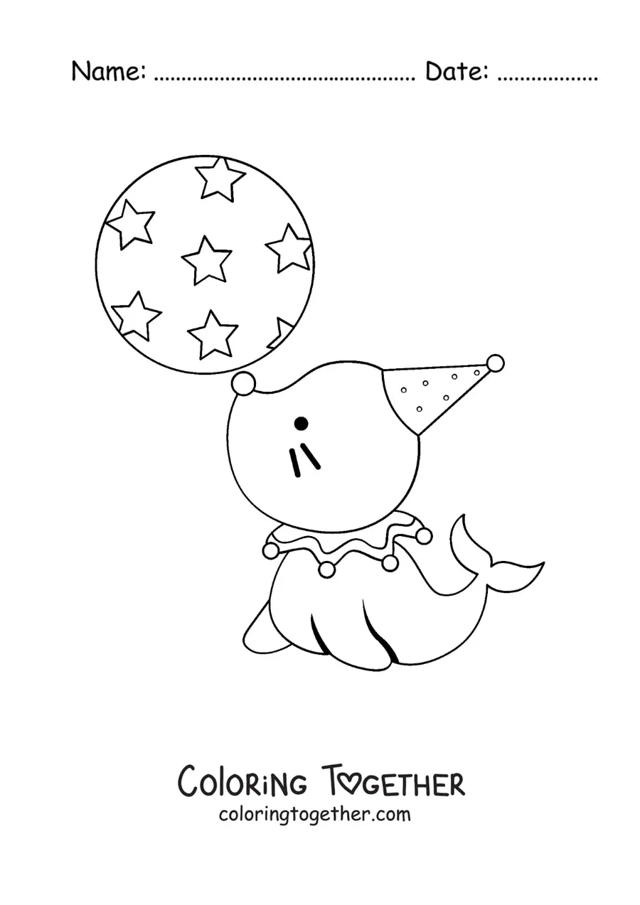Coloring page of a cute kawaii circus seal balancing a ball