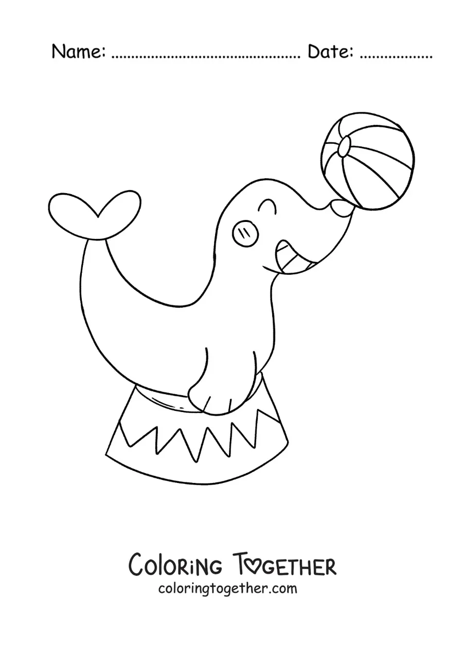 Coloring page of a cartoon of a circus seal balancing a ball