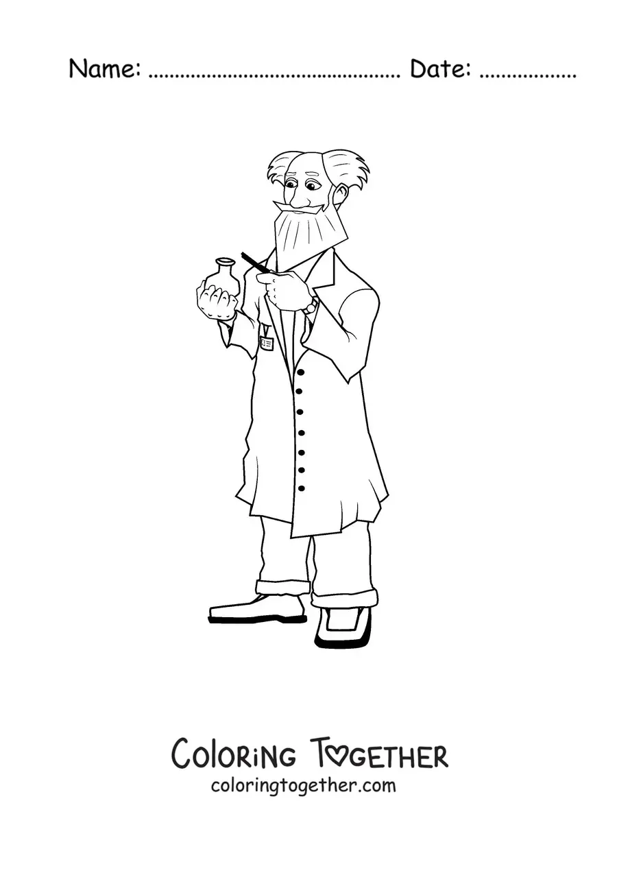 Coloring page of a mad scientist holding an experiment