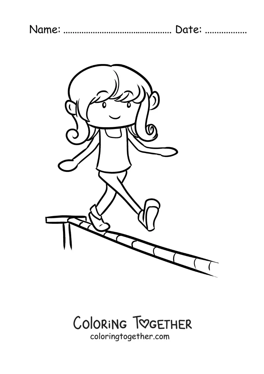 Coloring page of a circus acrobat walking on a tightrope