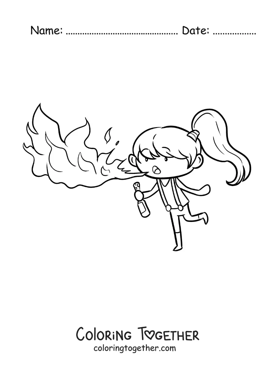 Coloring page of a circus fire-eater girl