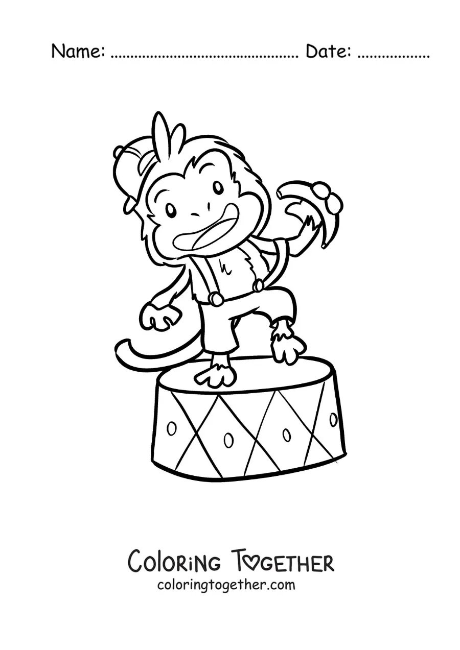 Coloring page of a cartoon circus monkey