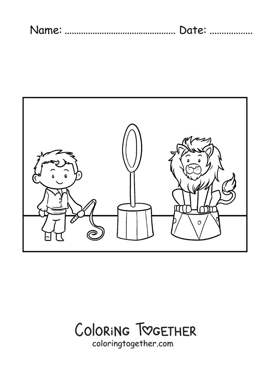 Coloring page of a circus tamer and a cartoon lion