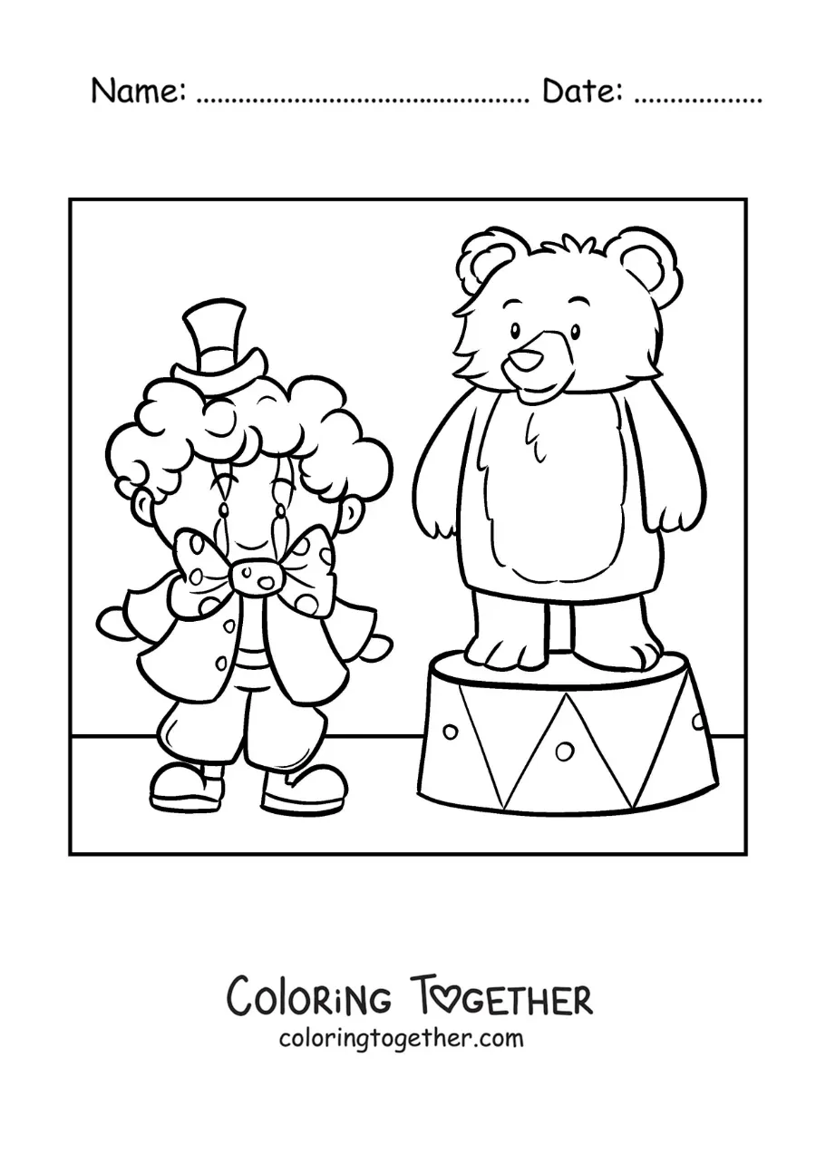 Coloring page of a circus clown and a cartoon bear
