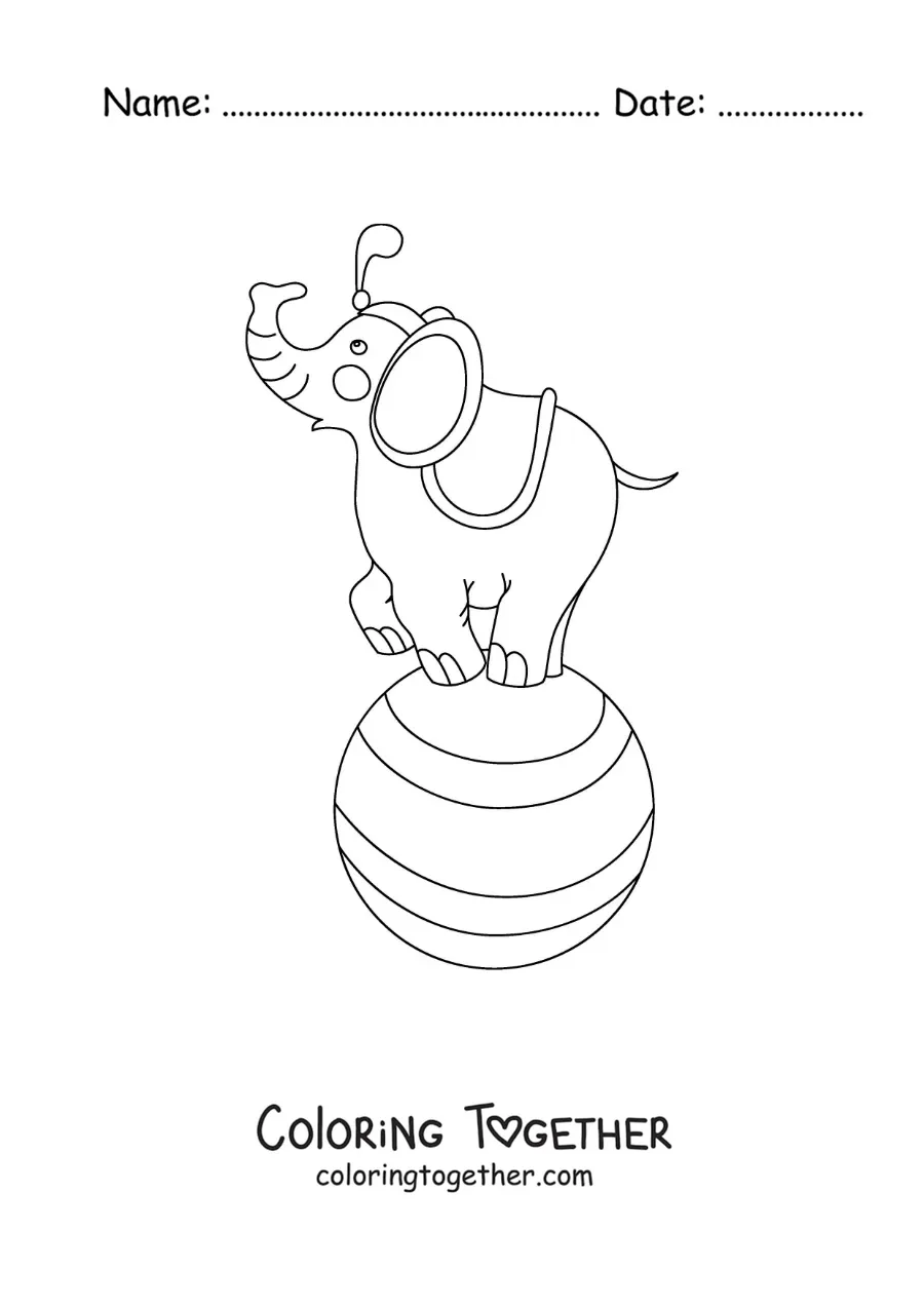 Coloring page of a cartoon circus elephant on a ball