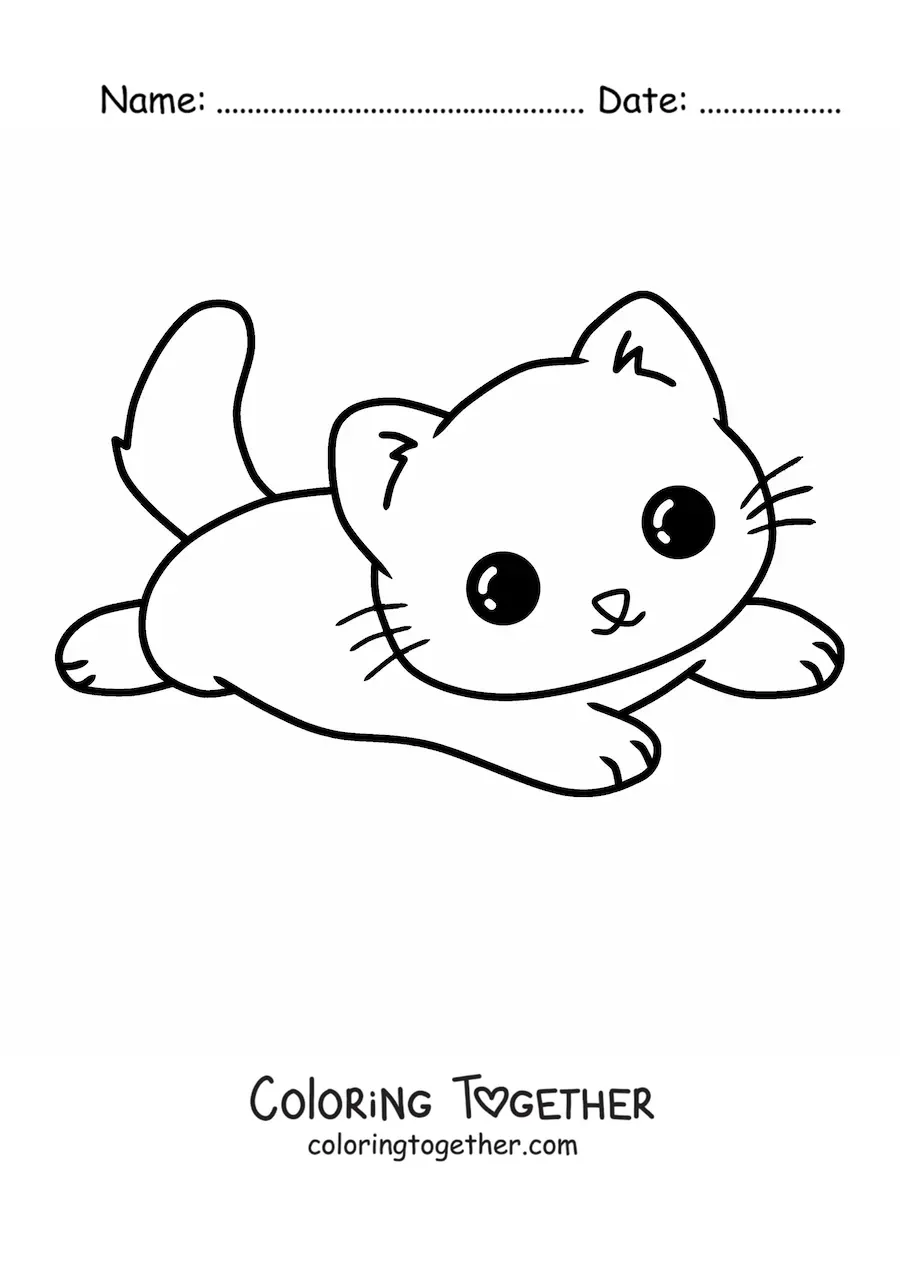 Coloring page of a kawaii cat lying down
