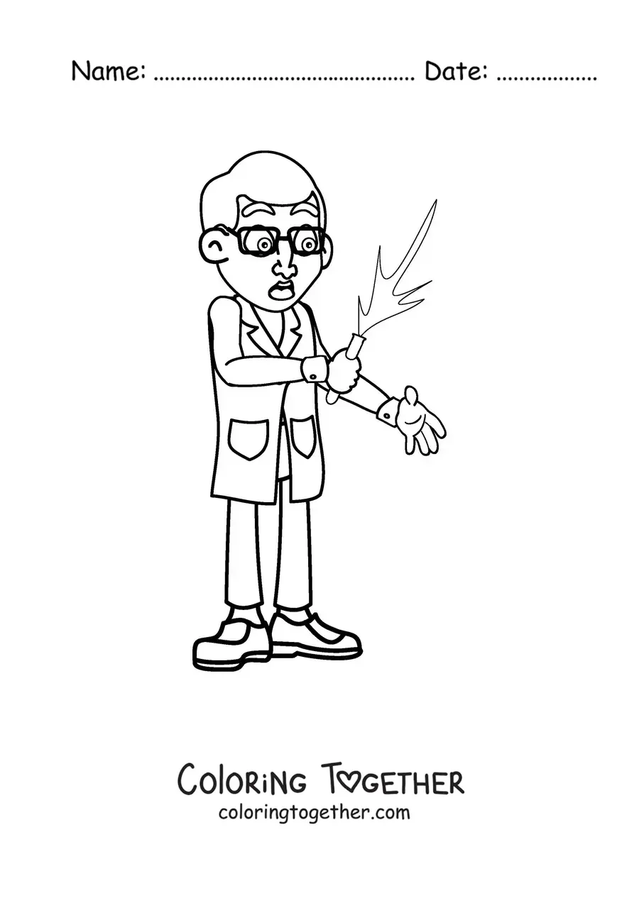 Coloring page of a mad scientist with a failed experiment