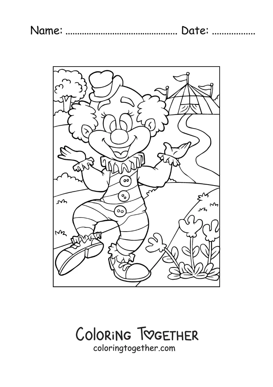 Coloring page of a cartoon of a clown at the circus