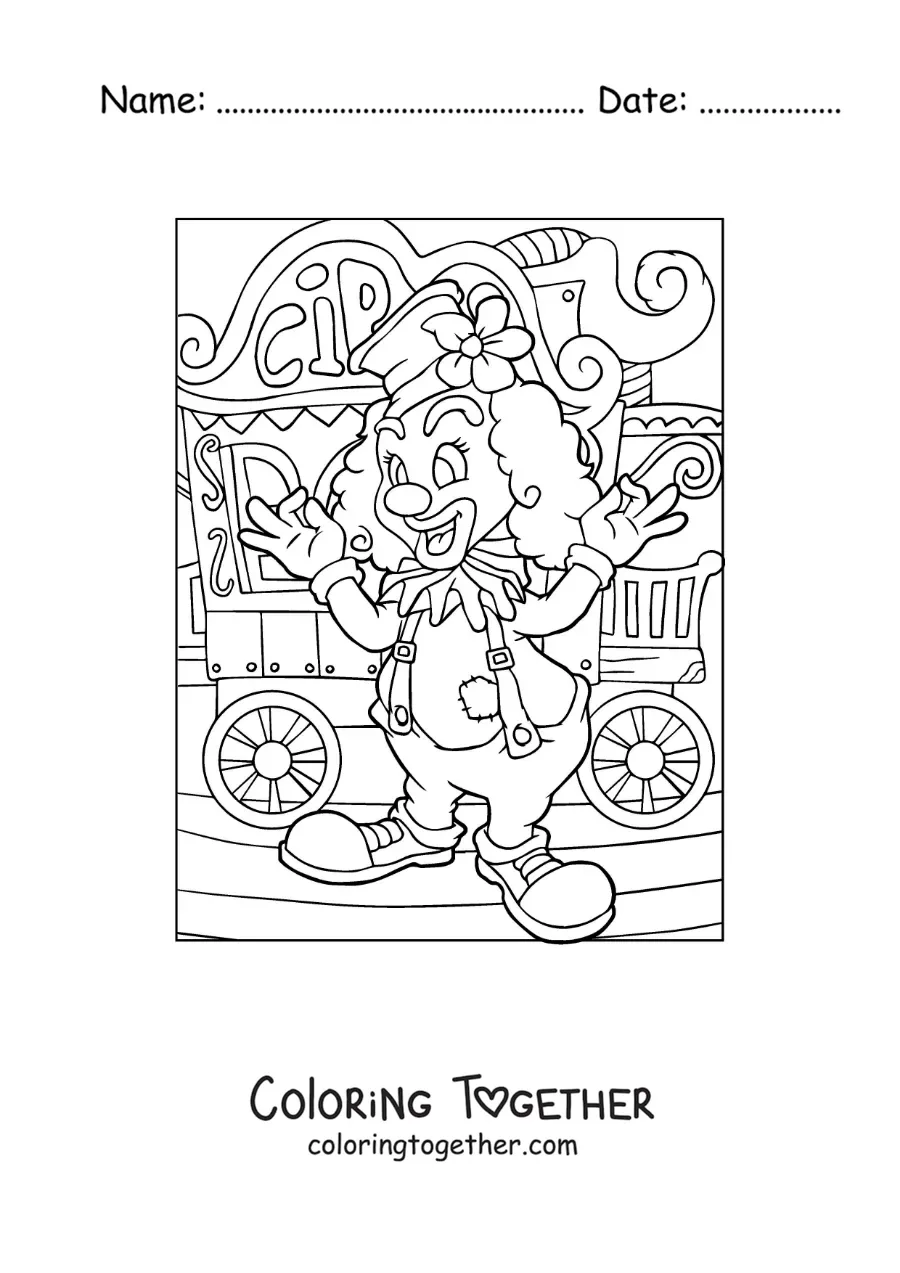 Coloring page of a clown at a fair