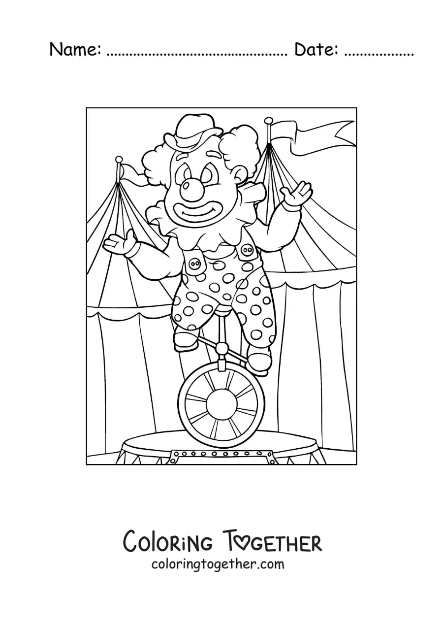 Coloring page of a clown on a unicycle at the circus