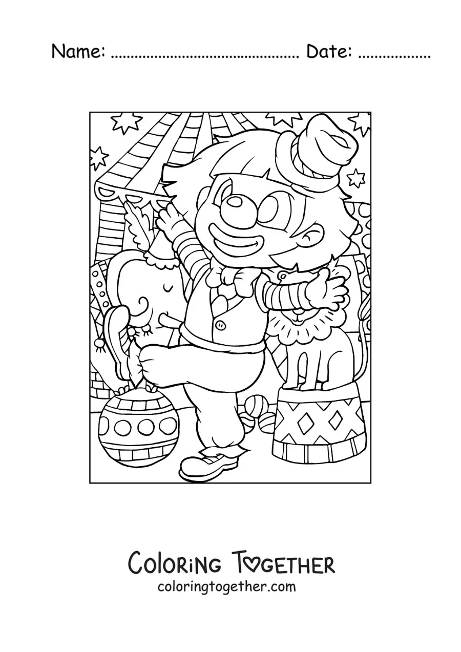 Coloring page of a clown next to circus animals