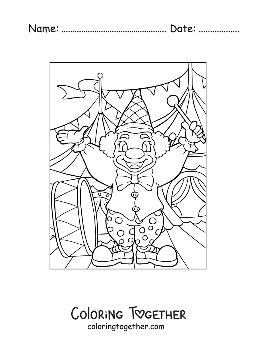 Coloring page of a clown playing the bass drum at the circus