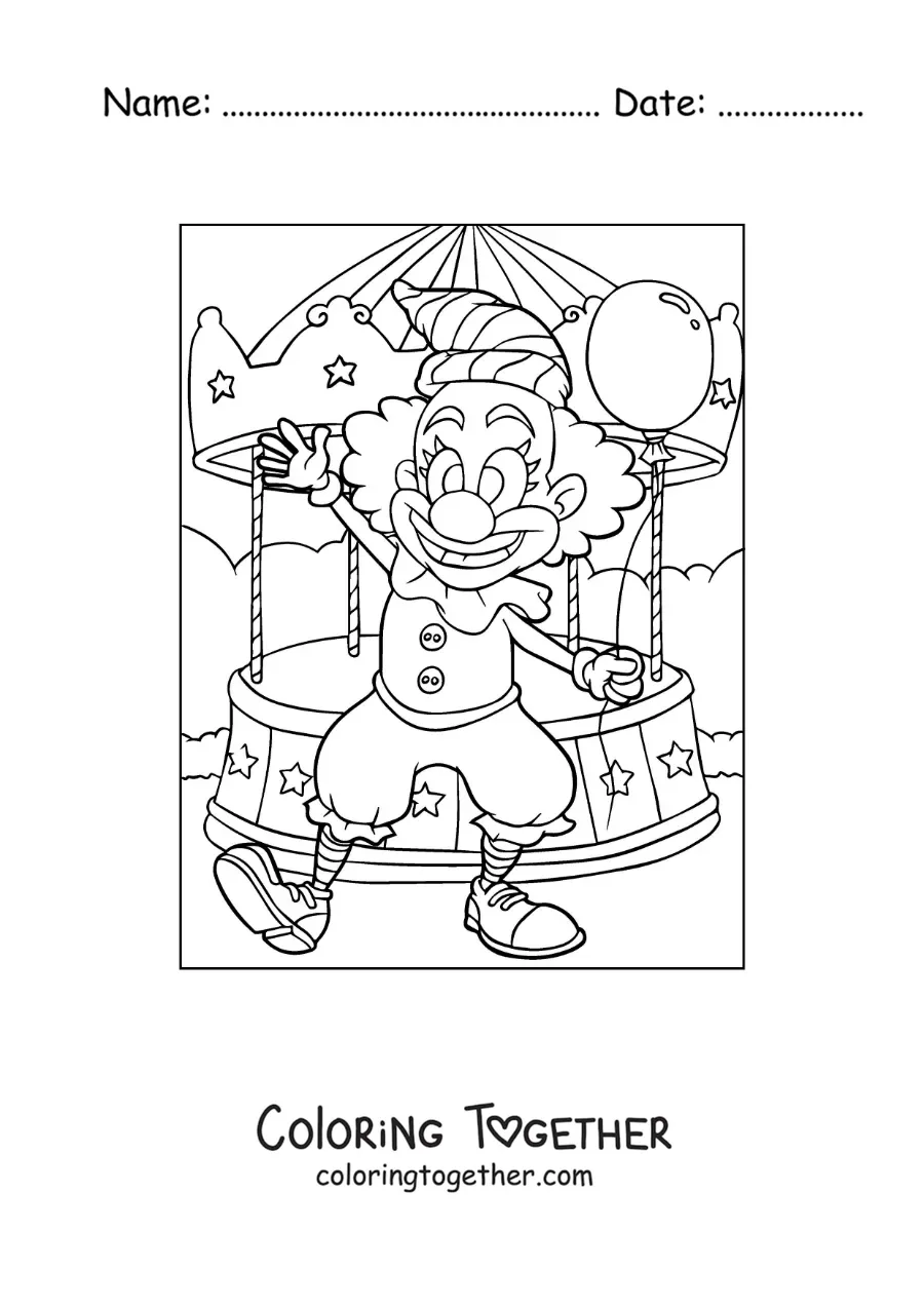 Coloring page of a clown with a balloon on a carousel
